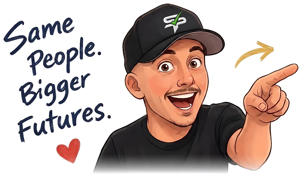 Gabe David, founder of Score Pros, pointing toward the text, with a note that says Same People. Bigger Futures.