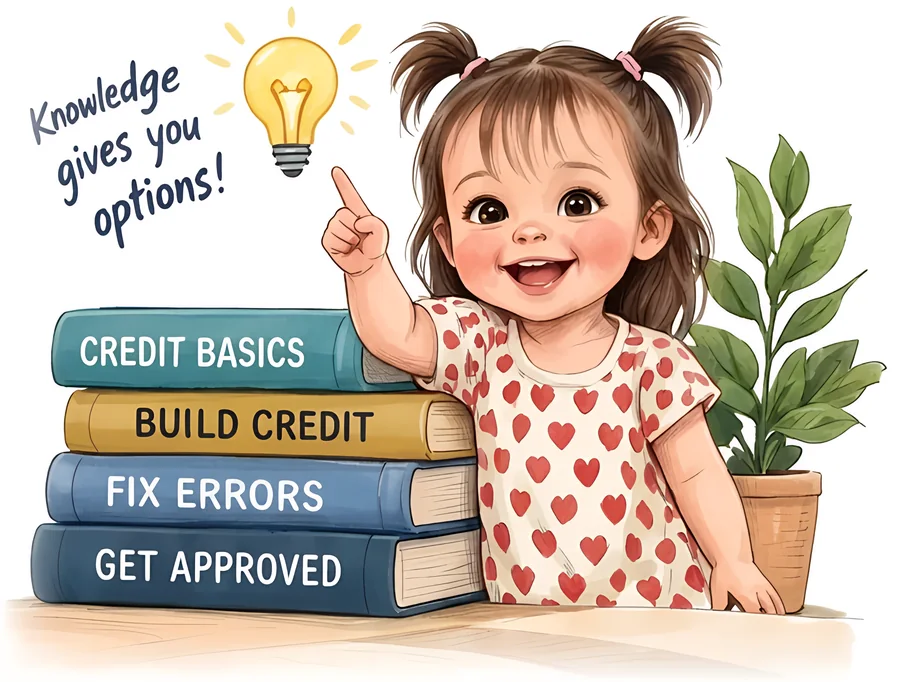 A young girl pointing up beside a stack of books titled Credit Basics, Build Credit, Fix Errors, and Get Approved, with a note that says Knowledge gives you options!
