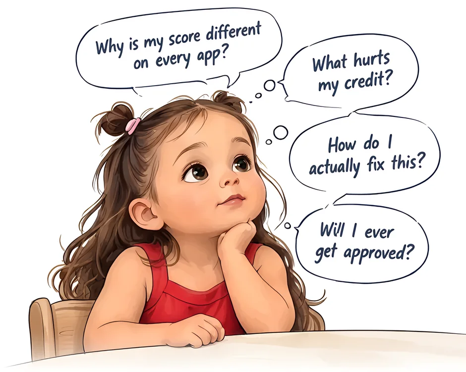 A young girl thinking, with thought bubbles: Why is my score different on every app? What hurts my credit? How do I actually fix this? Will I ever get approved?
