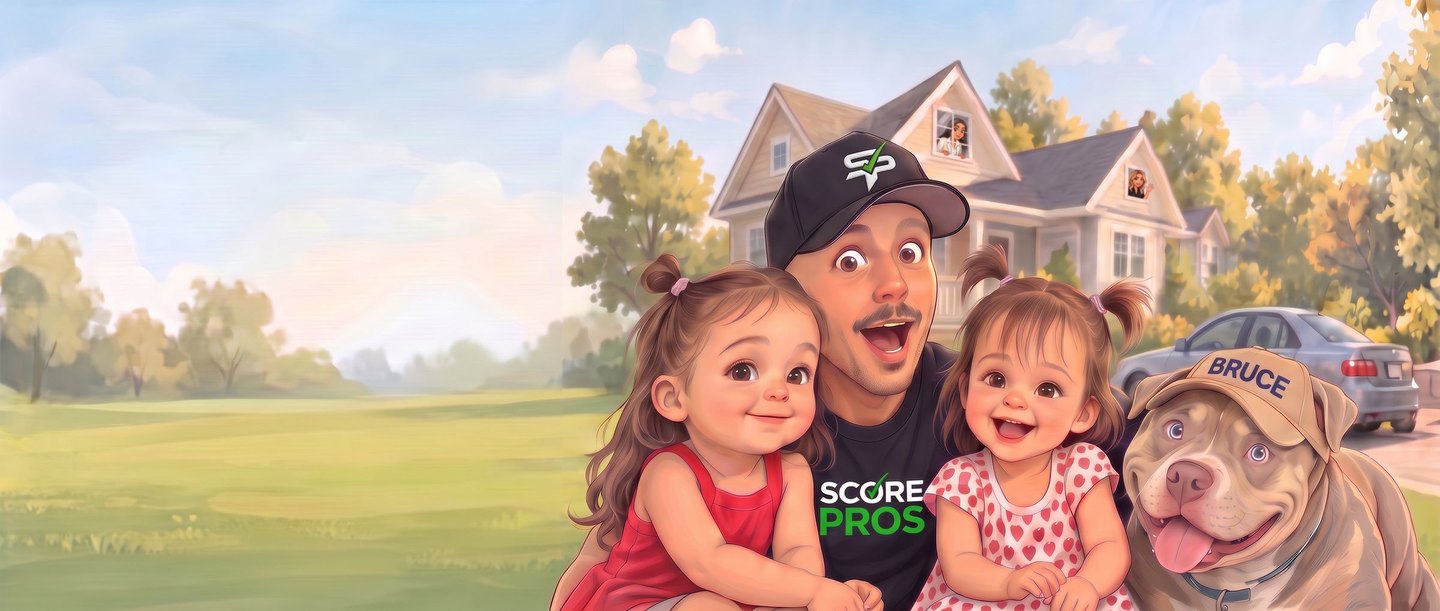 Gabe, his two young daughters and Bruce the family dog smiling together in front of their home, with open lawn and blue sky beside them.