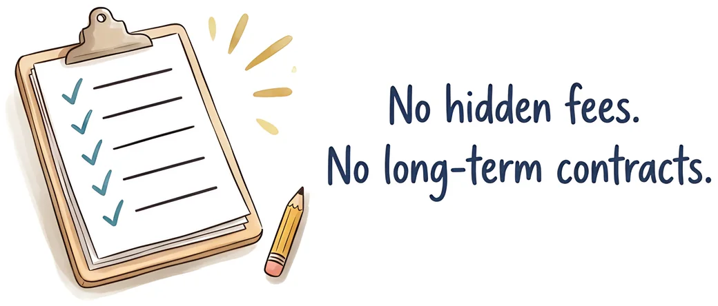 A checklist on a clipboard, with a note that says No hidden fees. No long-term contracts.