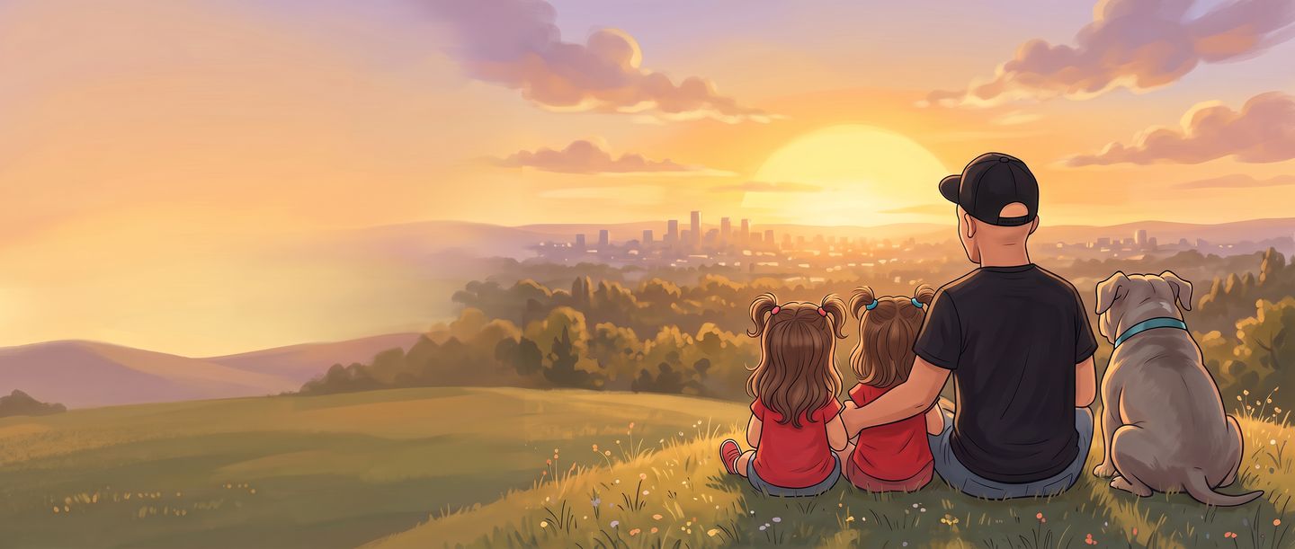 Gabe, his two daughters and Bruce sitting together on a hilltop, watching the sun set over the city.